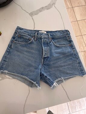 Agolde Light Blue Frayed Hem Denim Shorts PARKER LONG